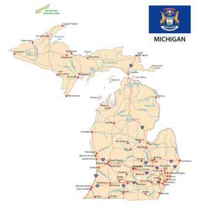 michigan road map with flag